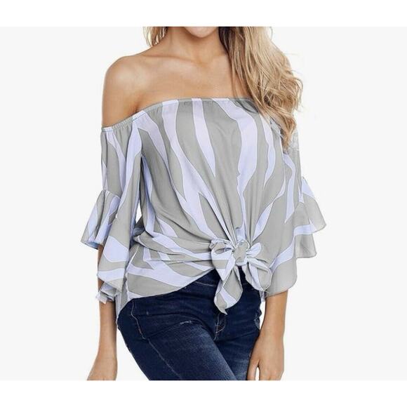 Chiffon Off Shoulder Women’s 3/4 Bell Sleeve Tie Knot Top Size XL - Picture 1 of 4